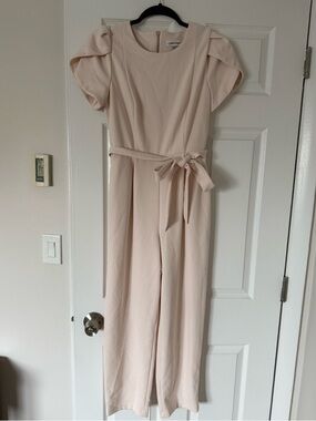 Calvin Klein Soft Pink Puff-Sleeve Jumpsuit with Waist Tie